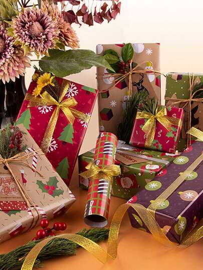 6入組隨機選擇聖誕節禮品包裝紙,派對禮品包裝紙閃閃發光,聖誕節禮品包裝用品