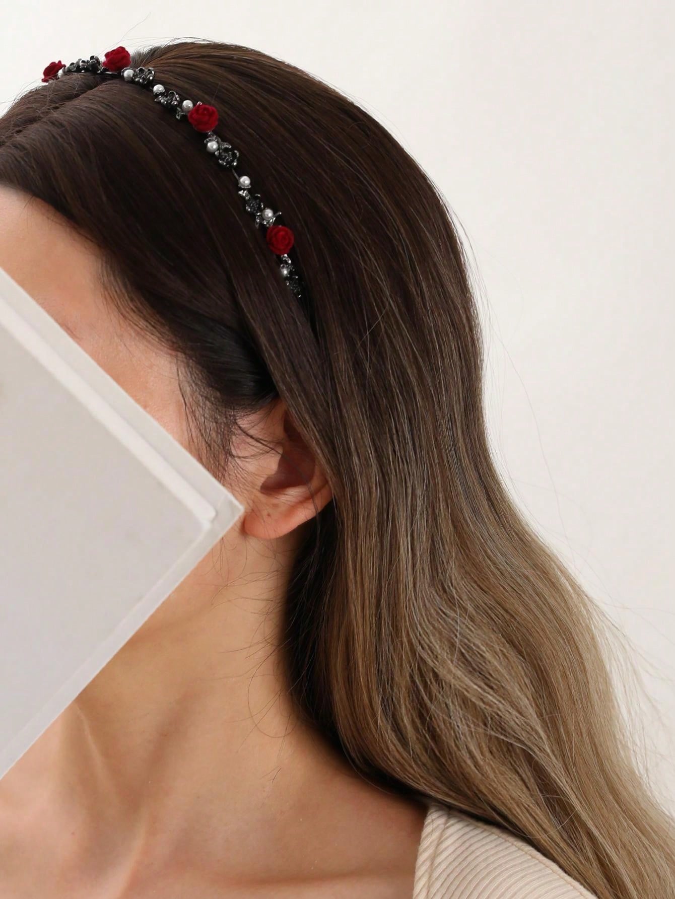 Boho Red Rose Butterfly & Pearl Decor Hair Hoop Tiaras Gold Head Piece