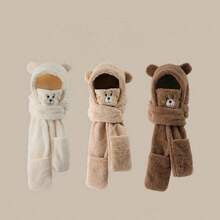 1入組秋天和冬天女性可愛絨毛熊耳朵連帽圍巾口罩三或者四套裝 - 白色 - 查看 3