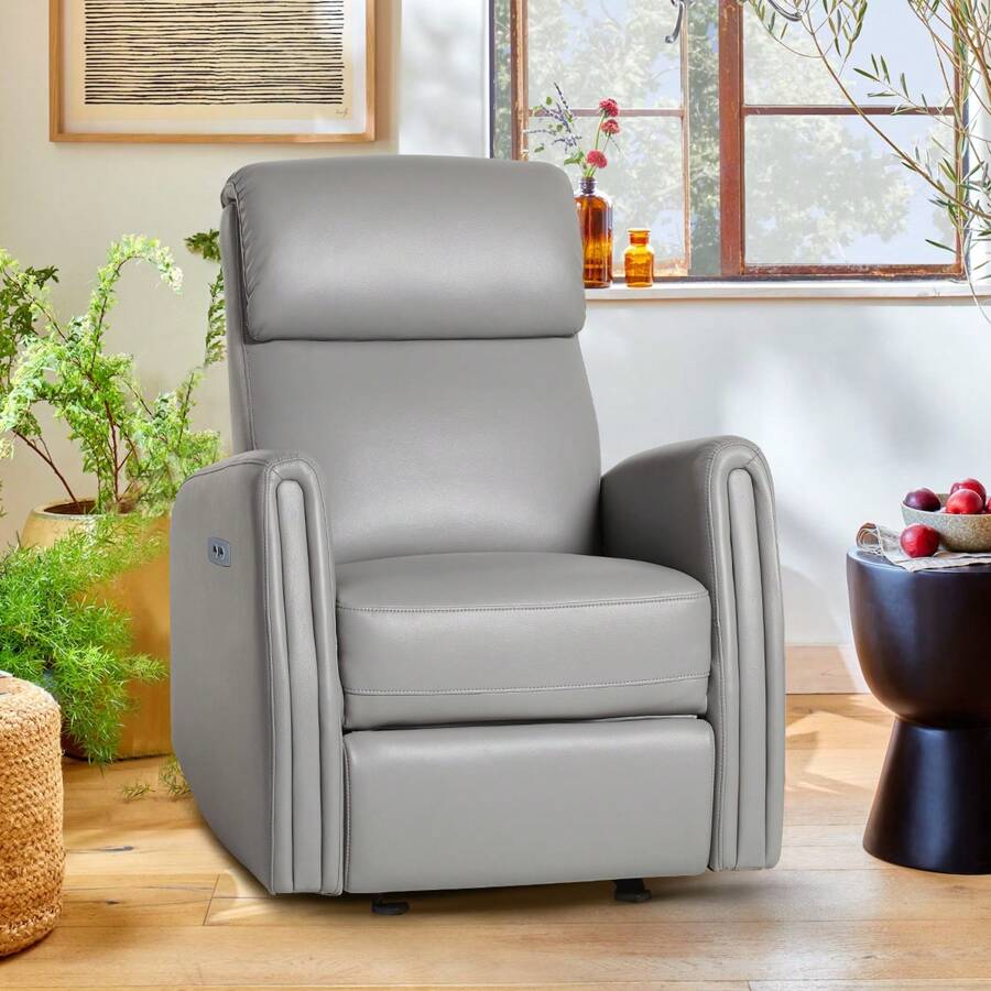 360° Swivel Glider Recliner Chair for Nursery, Manual Reclining Single Sofa with Retractable Footrest, PU Leather Rocking Armchair for Living Room/Bedroom - 電灰色 - 查看 1