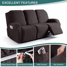 Stretch Recliner Sofa Covers, Reclining Couch Covers With Pockets, Jacquard Reclining Sofa Covers Soft Washable Furniture Protector With Elastic Bottom - 巧克力棕 - 查看 5