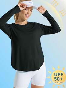 Camiseta Deportiva De Manga Larga Para Mujer Con Cuello Redondo Y Protección Solar Y Dobladillo Curvo Negra - Negro - Ver 4
