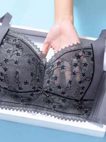 Adjustable Lace Full Cup Bra With Push Up, Wirefree - Dark Grey - View 4