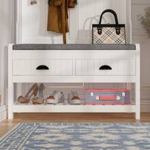 Tall Hall Tree with Storage Bench, 4-in-1 Entryway Bench with Cushioned Pad, Drawer & Hanging Hooks, White (34.3" W x 16.5" D x 68.5" H)