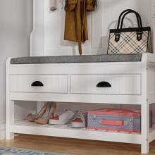 Tall Hall Tree with Storage Bench, 4-in-1 Entryway Bench with Cushioned Pad, Drawer & Hanging Hooks, White (34.3" W x 16.5" D x 68.5" H)