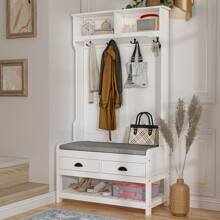 Tall Hall Tree with Storage Bench, 4-in-1 Entryway Bench with Cushioned Pad, Drawer & Hanging Hooks, White (34.3" W x 16.5" D x 68.5" H)