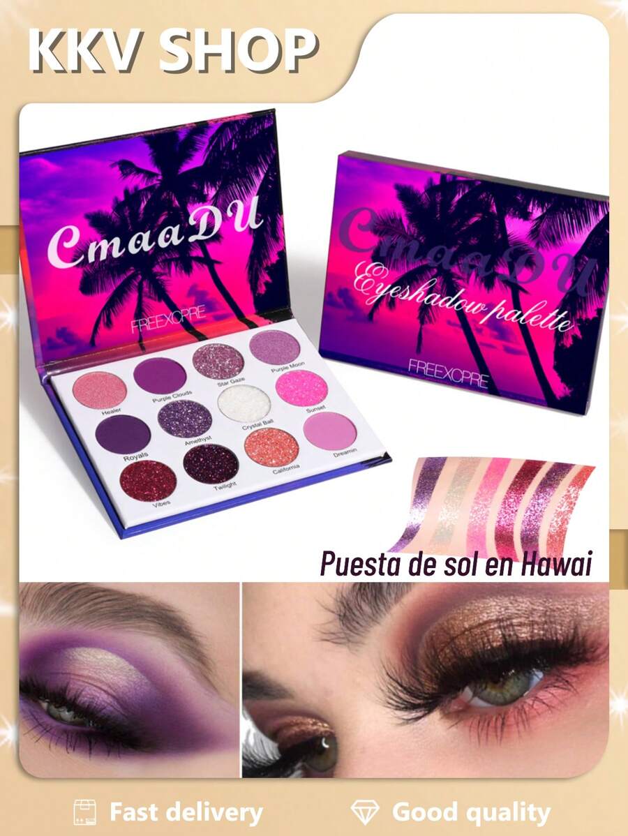 Paleta de sombras de ojos brillantes de 12 colores, Paleta de maquillaje rosa púrpura, Paleta de sombras de ojos brillantes en polvo de sirena brillante - Morado - Ver 1