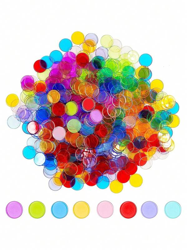 200pcs Transparent Plastic Bingo Chips, Mixed Color Including Orange, Yellow, Blue, Green, Red, Purple, Pink, Magenta (3/4 Inch Diameter)Bingo Dubber,Chip Board,Back To School
