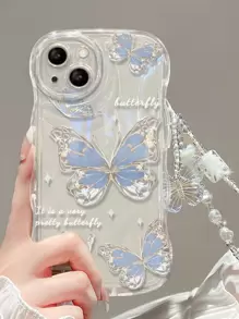 Luxury With Phone Charm Summer 1pc Butterfly Charm Bracelet + Blue Shockproof Tpu Phone Case Compatible With IPhone 15/15Pro/15Plus/15Promax Waterproof Anti-Fall Scratch Resistant - Multicolor - View 2