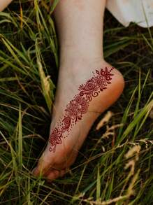 3 hojas de tatuajes temporales de flores color burdeos, tatuajes de moda para mujer, pegatinas de arte corporal resistente al agua para pies y manos - Marrón - Ver 2