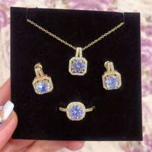 Square Cubic Zirconia Pendant Jewelry Set With 1 Necklace, 1 Pair Of Earrings, 1 Ring
