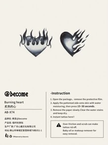 Tattoo Sticker,1 Sheet Heart & Fire Temporary Tattoos For Women,Tattoo Stickers Adults,Realistic Tattoo Heart & Fire,For Women and Girls - Black - View 5