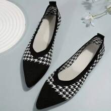 Zapatos planos cómodos para caminar de mujer con puntera de ballet de punto de unicolor de pata de gallo, suela blanda