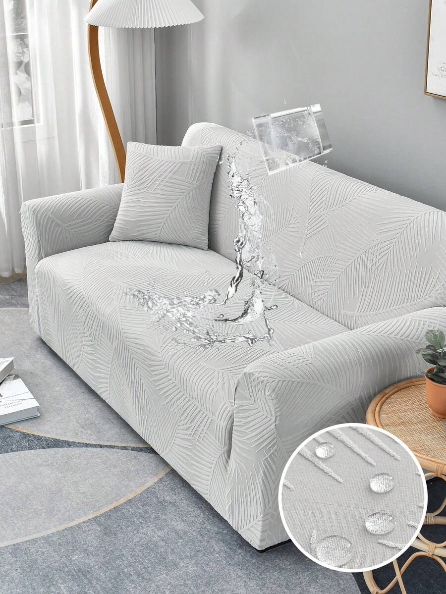1pc Light Gray Leaf Pattern Waterproof Sofa Cover - Light Grey - View 1