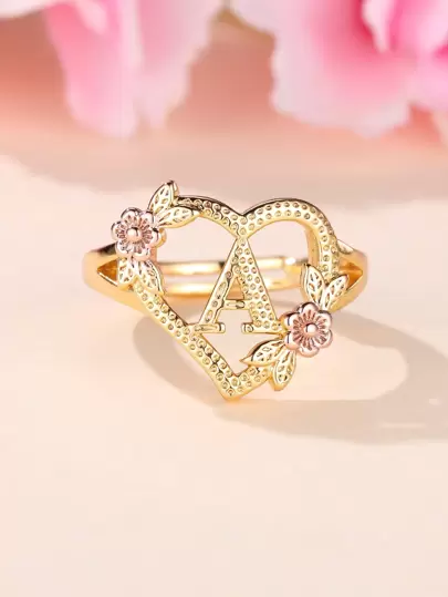 Vanel 1入組時尚宮廷風格雙顏色打開圓環帶心&字母&花元素,26可用,完美禮品適用於適用於日常穿著