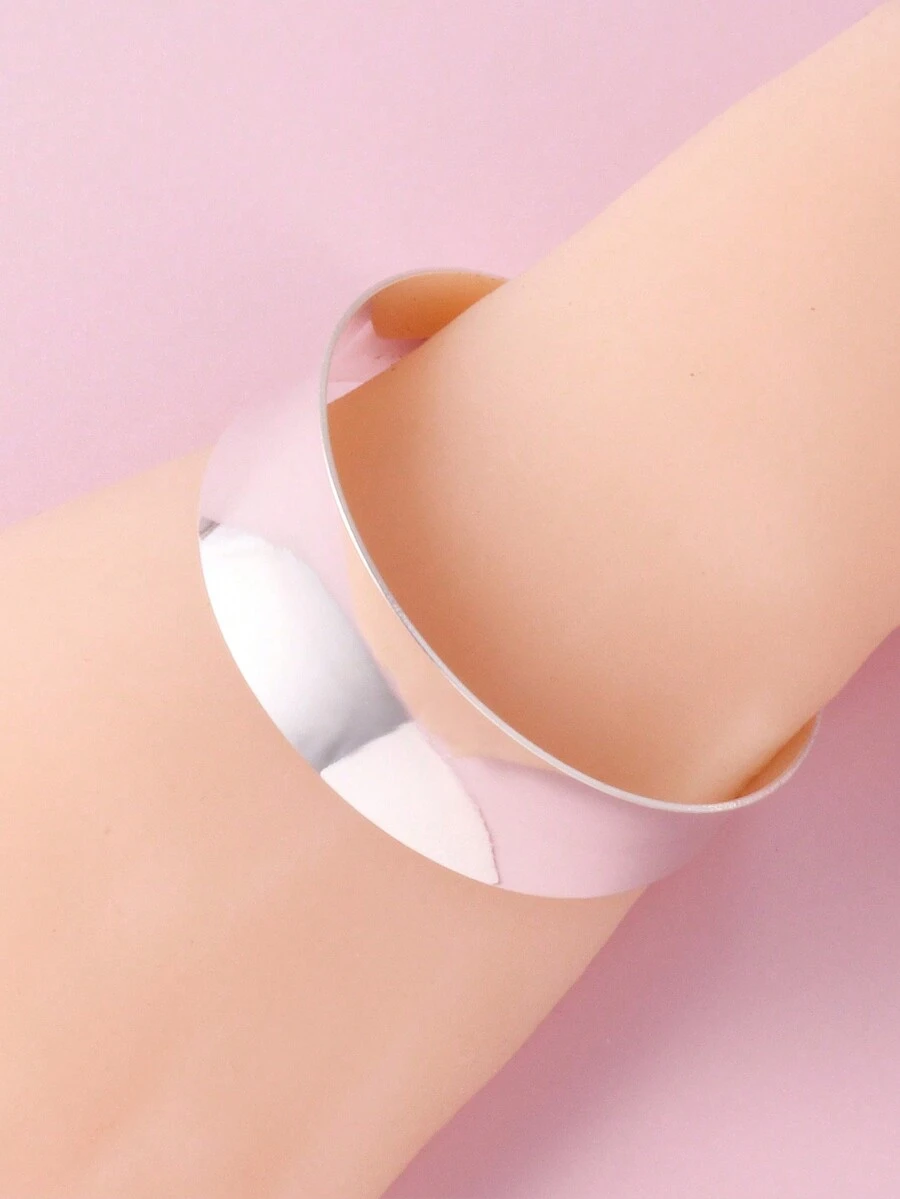 1pc Wide Smooth Silver-Plated Open Bangle Bracelet, Basic Wide Cuff Design
