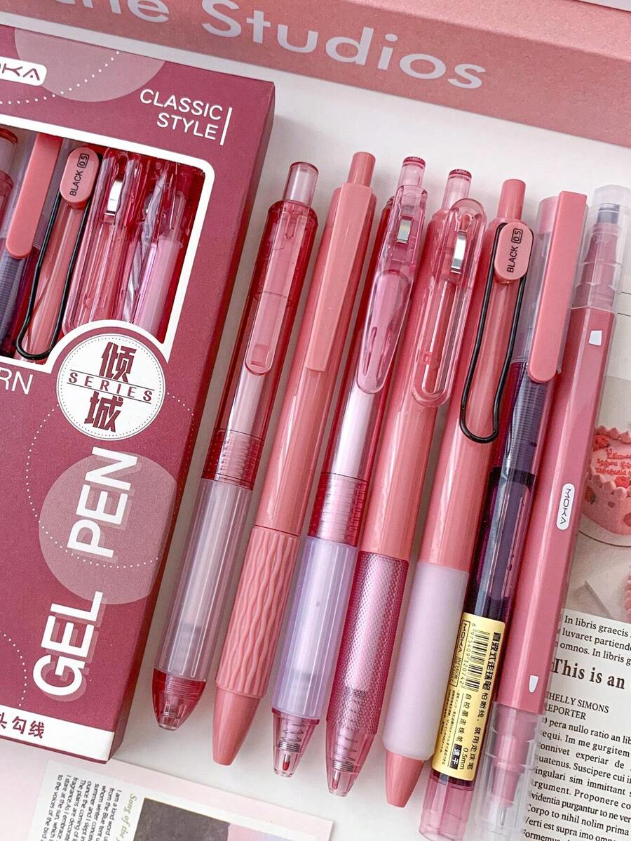 7 支/盒可伸缩圆珠笔、凝胶笔，多种类型，包括细线笔尖，重返校园 - 酒紅色 - 查看 1