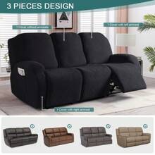 Stretch Recliner Sofa Covers, Reclining Couch Covers With Pockets, Jacquard Reclining Sofa Covers Soft Washable Furniture Protector With Elastic Bottom - 黑色 - 查看 4