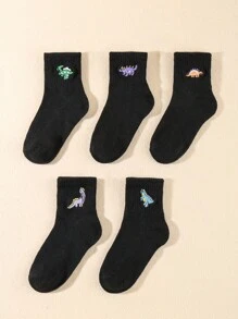 5pairs/set Kids' Embroidered Mid-calf Socks - Black - View 2