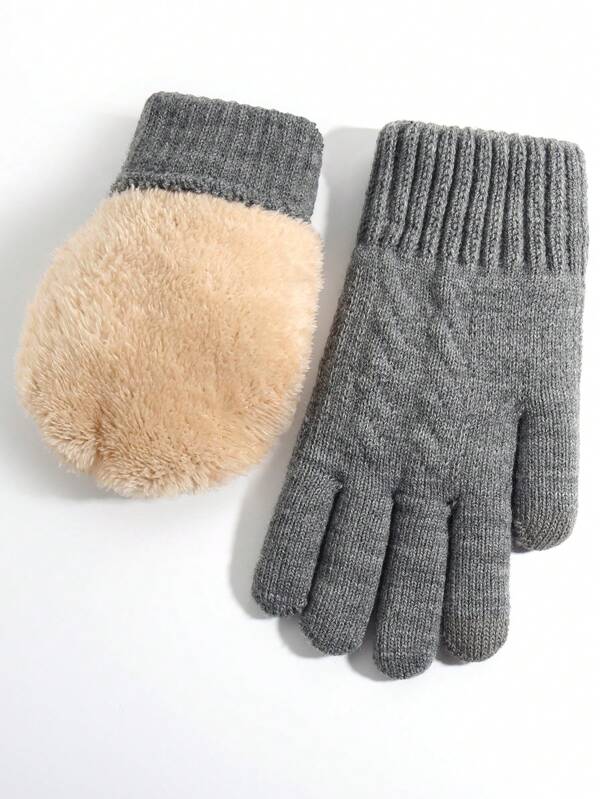1pair Men's Winter Grey Double-layered Thick Knit Touchscreen Gloves, Suitable For Running, Driving, Cycling, Hiking, Working And Cold Days