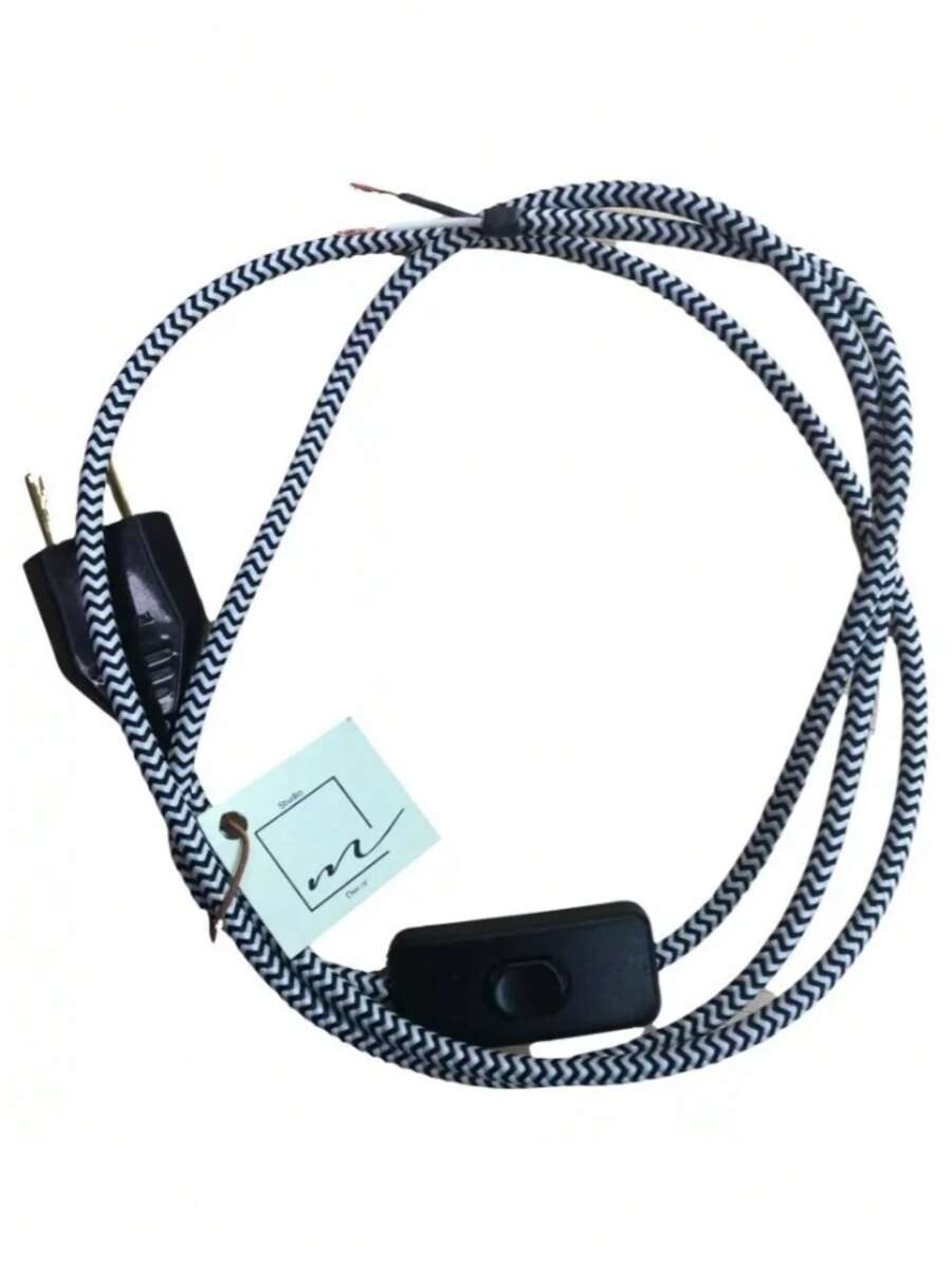 Fio/cabo Tecido C/ Interruptor e Plug Preto para Luminária E Abajur 1,50 Metros - Preto e Branco - Visão 1