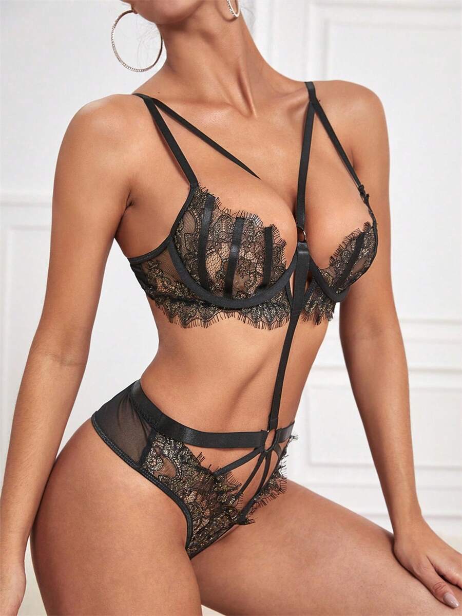 Lace Teddy Lingerie - Black - View 1