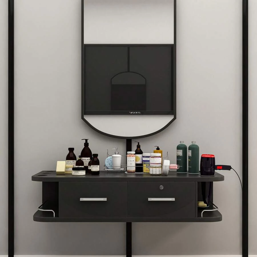 QQD Barber Station Wall Mount Salon Hair Styling Beauty Spa Equipment With 2 Drawers And 2 Open Shelves - màu đen - Xem 1