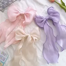 網紗蝴蝶結飄帶髮夾，適用於幼童女孩，大尺寸髮飾，可愛的後頭部髮夾 - 紫色 - 查看 2