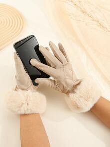 1 Paar Damen Beige Wildleder & thermisch gefütterte Touchscreen-kompatible Handschuhe mit Rautenmuster auf der Rückseite für modischen und warmen Look, geeignet für Herbst und Winter