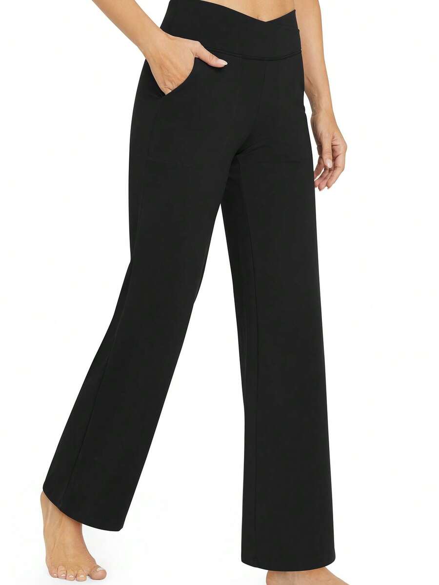 Women's High Waist Cross Over Wide Leg Yoga Pants/black SHEIN USA