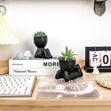 1pc Creative Human-Shaped Succulent Planter With Colorful Artificial Plants - Black Ceramic, Modern Minimalist Home & Office Decor, Geometric Shaped Plant Pot, Suitable For Indoor/Outdoor Garden, Wedding, Easter Table Centerpiece, Storage & Display - Black - View 9