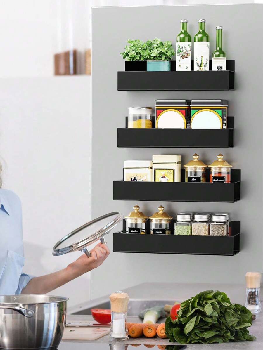 1 pieza Estante de almacenaje cocina magnético para refrigerador lado - Negro - Ver 1