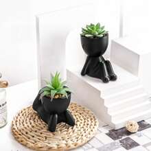 1pc Creative Human-Shaped Succulent Planter With Colorful Artificial Plants - Black Ceramic, Modern Minimalist Home & Office Decor, Geometric Shaped Plant Pot, Suitable For Indoor/Outdoor Garden, Wedding, Easter Table Centerpiece, Storage & Display - Black - View 4