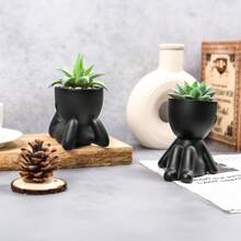 1pc Creative Human-Shaped Succulent Planter With Colorful Artificial Plants - Black Ceramic, Modern Minimalist Home & Office Decor, Geometric Shaped Plant Pot, Suitable For Indoor/Outdoor Garden, Wedding, Easter Table Centerpiece, Storage & Display - Black - View 10