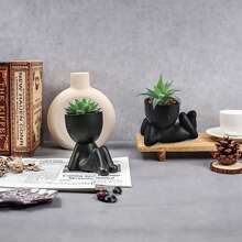 1pc Creative Human-Shaped Succulent Planter With Colorful Artificial Plants - Black Ceramic, Modern Minimalist Home & Office Decor, Geometric Shaped Plant Pot, Suitable For Indoor/Outdoor Garden, Wedding, Easter Table Centerpiece, Storage & Display - Black - View 6