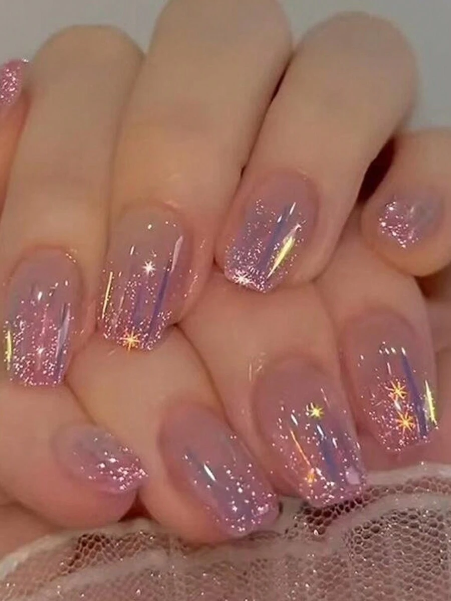 24入組短方形霧面壓縮膠甲,帶有閃爍、極光、流星、星空和岩漿效果,附帶1支果凍膠甲和1個指甲刀(紫色) - 彩色 - 查看 1