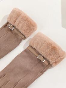 1 Pair Of Ladies' Khaki Suede Plush Accessories Winter Warm Windproof Touch Screen Gloves For Outdoor Travel And Driving With Wool Cuff And Feature Of Fingertip Touchscreen Functionality - Khaki - View 3