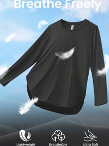 Camiseta Deportiva De Manga Larga Para Mujer Con Cuello Redondo Y Protección Solar Y Dobladillo Curvo Negra - Negro - Ver 5