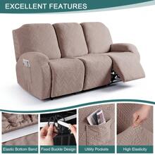 Stretch Recliner Sofa Covers, Reclining Couch Covers With Pockets, Jacquard Reclining Sofa Covers Soft Washable Furniture Protector With Elastic Bottom - Khaki - View 5