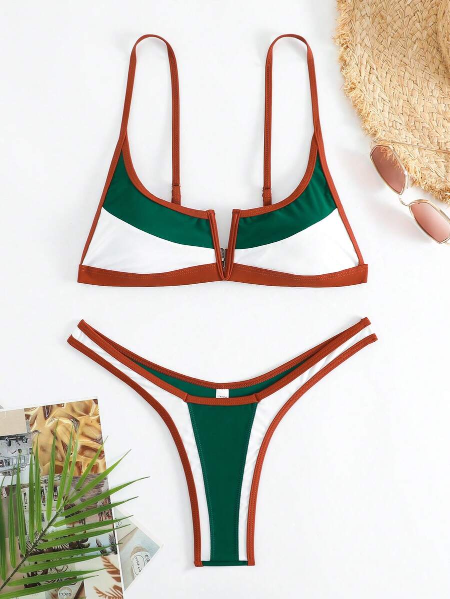 女士撞色细肩带上衣和高腰下装运动比基尼套装夏季 - 綠色 - 查看 1