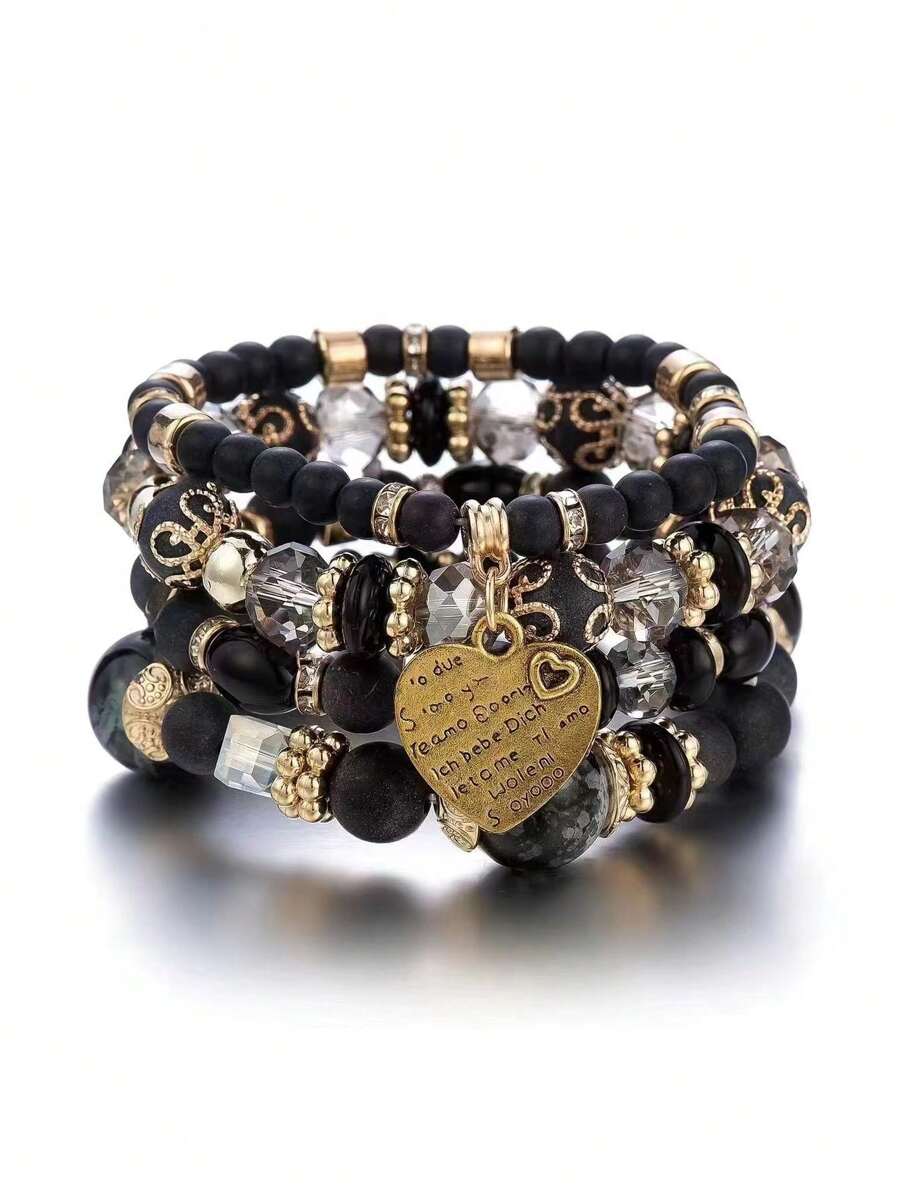 波西米亞風格多層串珠彈性手環合適的適用於日常穿著 - 黑色 - 查看 1