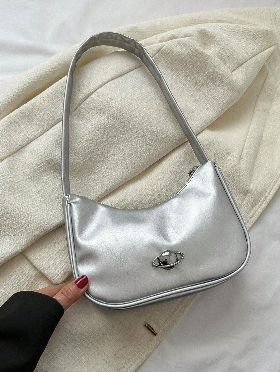 Fashionable Solid Color Simple Shoulder Bag - Silver - View 1