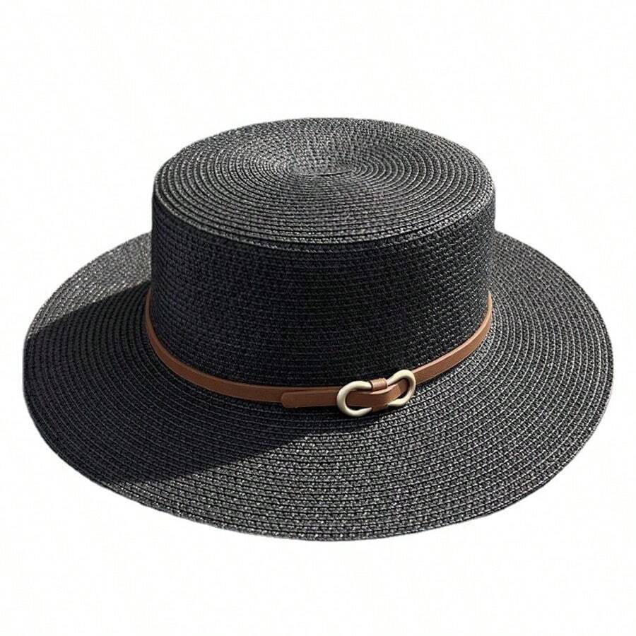 1pc Classic Retro Flat Top Leather Stripe Design Hat For Women, Daily Wear, Travel Shading, Beach Photography, Dance Etiquette Hat