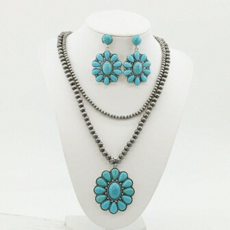 1 Set de Joyería de Estilo Bohemio Occidental Vintage de Aleación de Zinc con Cuentas de Turquesa Hechas a Mano, Incluye Collar y Aretes, Adecuado para Atuendos, Uso Diario, Vacaciones, Fiestas