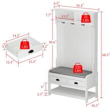 Tall Hall Tree with Storage Bench, 4-in-1 Entryway Bench with Cushioned Pad, Drawer & Hanging Hooks, White (34.3" W x 16.5" D x 68.5" H)