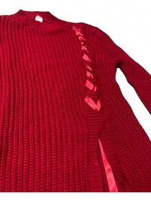 Open Knit Sweater With Ribbon Detail - Red - View 3