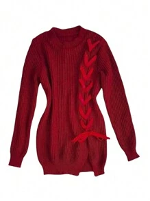 Open Knit Sweater With Ribbon Detail - Red - View 1