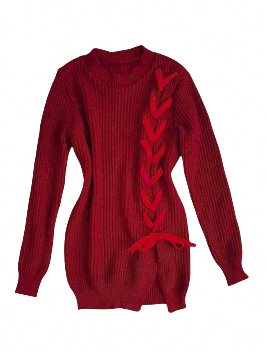 Open Knit Sweater With Ribbon Detail - Red - View 1