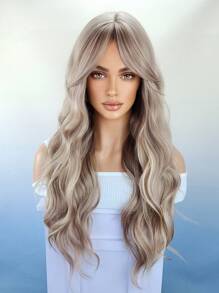 灰金發長款波浪捲合成假髮帶劉海燈棕色大波浪頭髮假髮適合女士日常派對 - 卡其色 - 查看 1