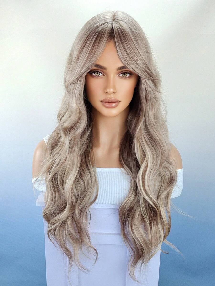 灰金發長款波浪捲合成假髮帶劉海燈棕色大波浪頭髮假髮適合女士日常派對 - 卡其色 - 查看 1